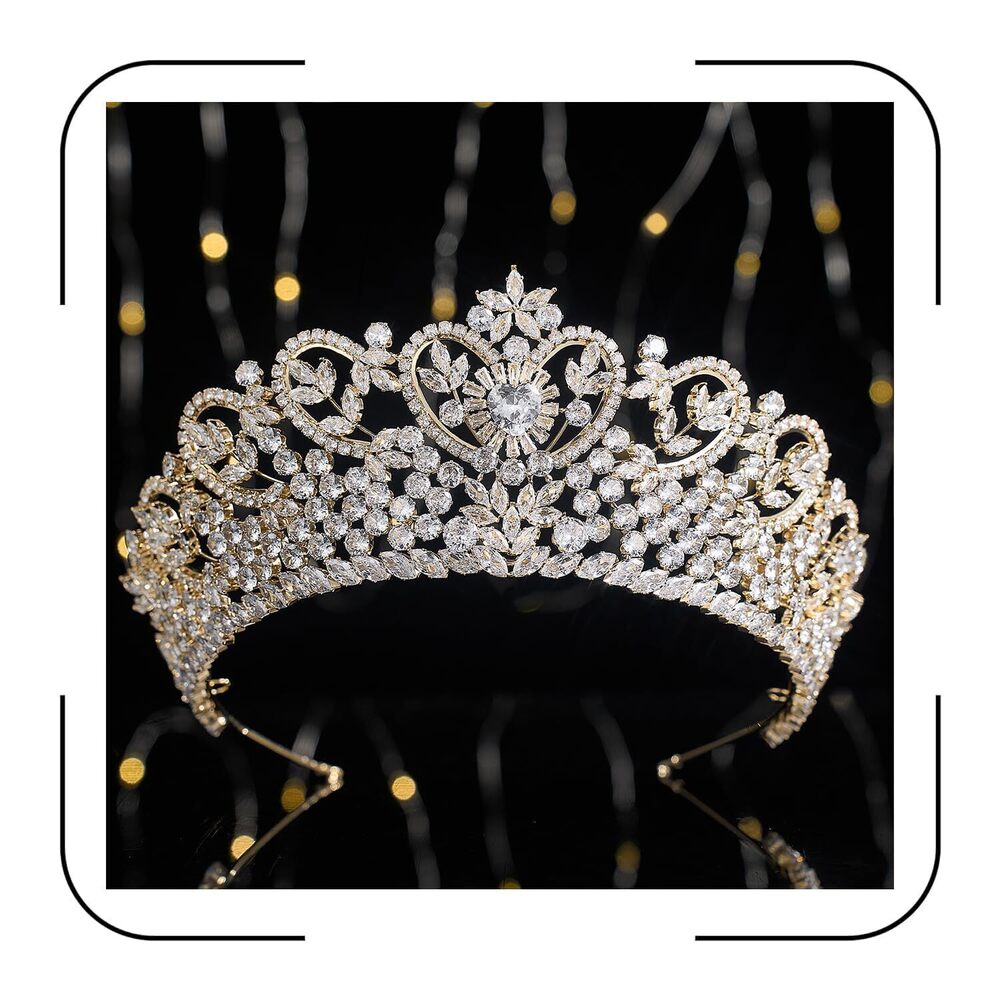 6737 Gold Quinceanera Crown Heart Shaped Zirconia Diamond Princess Pageant